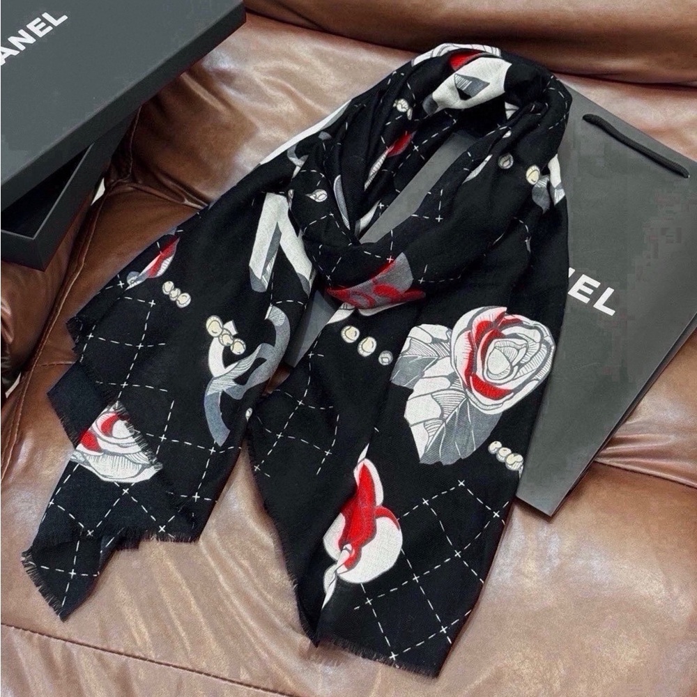 Chanel Black Floral & Pearl Print Scarf